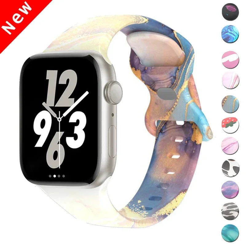 Printed Floral band For Apple Watch Ultra band 49mm 41mm 40mm 38mm 45mm 44mm 42mm Silicone band Apple Watch Series 9 8 7 SE 6 5 4 3