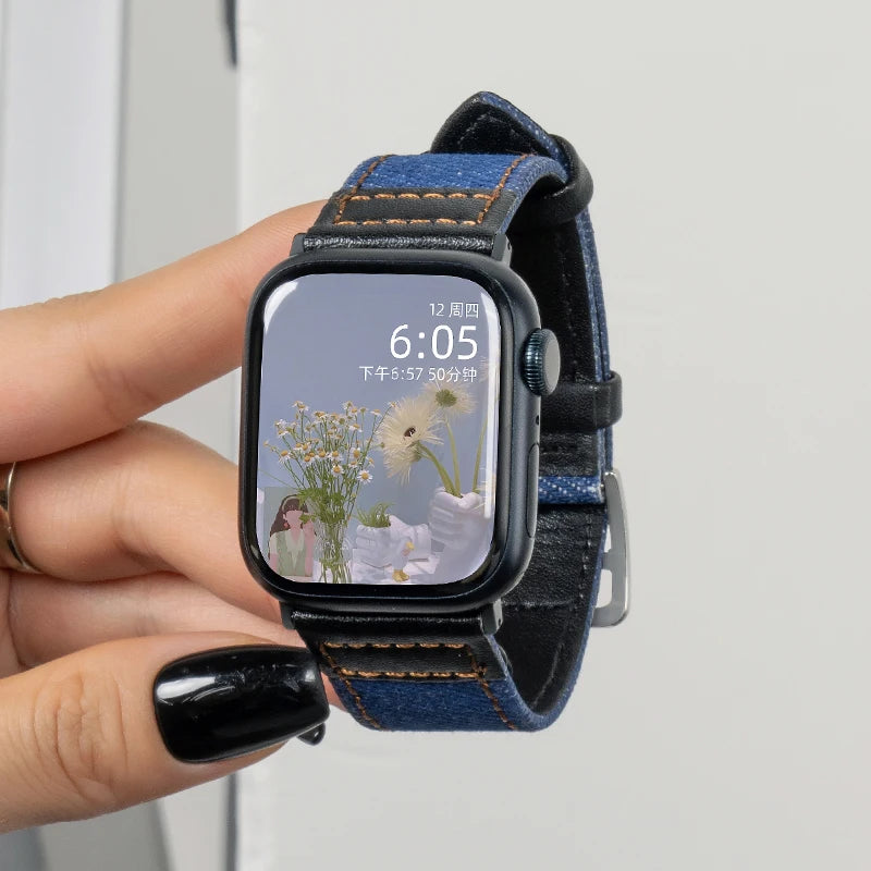 Suitable for Apple Watch band denim leather Apple Watch SE 49mm high quality wristband 40mm 38mm 44mm 41mm 42mm 45mm Ultra9 8 7 6 54 band