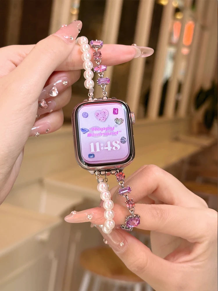 Luxury Diamond band For Apple Watch Ultra 10 9 8 7 6 5 4 Woman Pearl band For Apple Watch 38mm 40mm 41mm 42mm 45mm 46mm 49mm