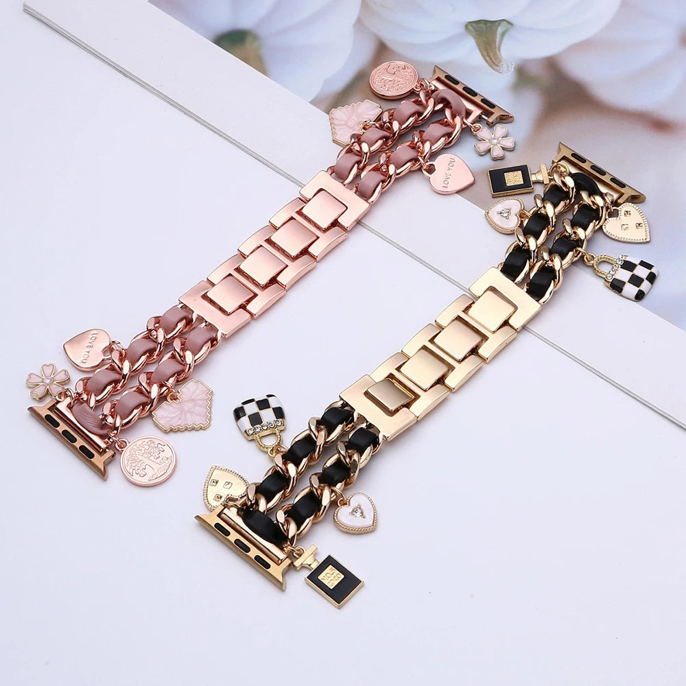 Stylish metal Charms Watch band Compatible with Apple Watch band 38mm 40mm 41mm 42mm 44mm 45mm 49mm Replacement band with Unique Pendants