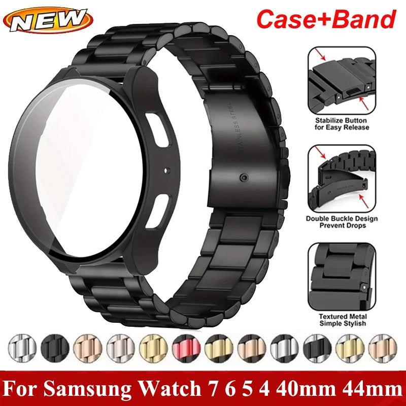 Strap+Screen Case Protector For Samsung Galaxy Watch 7 6 5 4 40mm 44mm Band Cover For Samsung Galaxy Watch 7 44mm Metal Bracelet