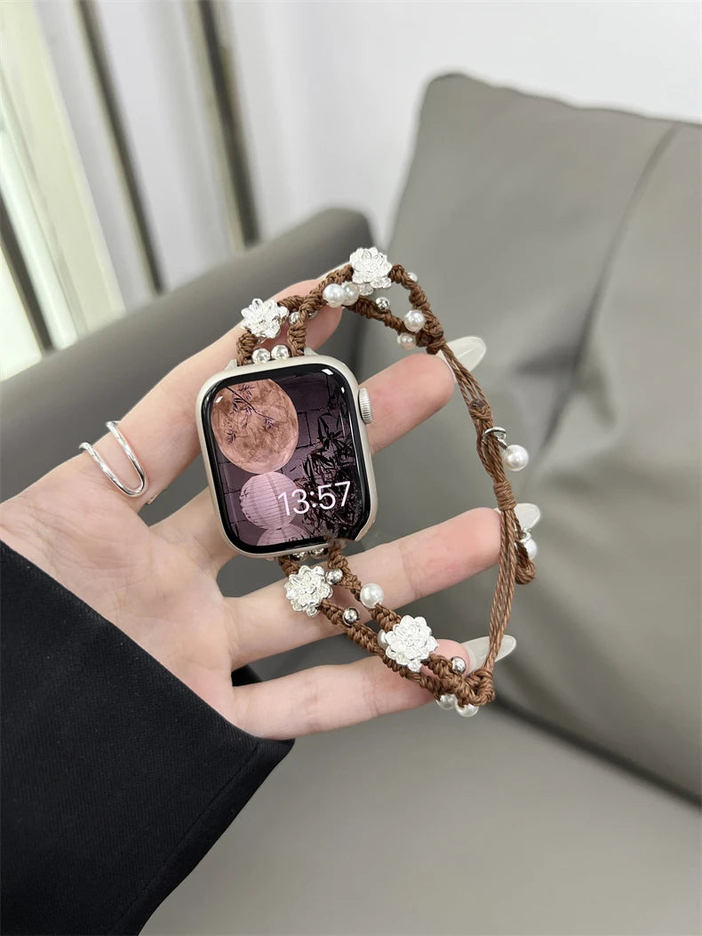 Ins Pearl Flowers band For Apple Watch Series 9 8 7 6 SE 4 5 45mm 44mm 42mm Woven Nylon band Apple Watch Ultra 2 49mm 40mm 38mm Woman