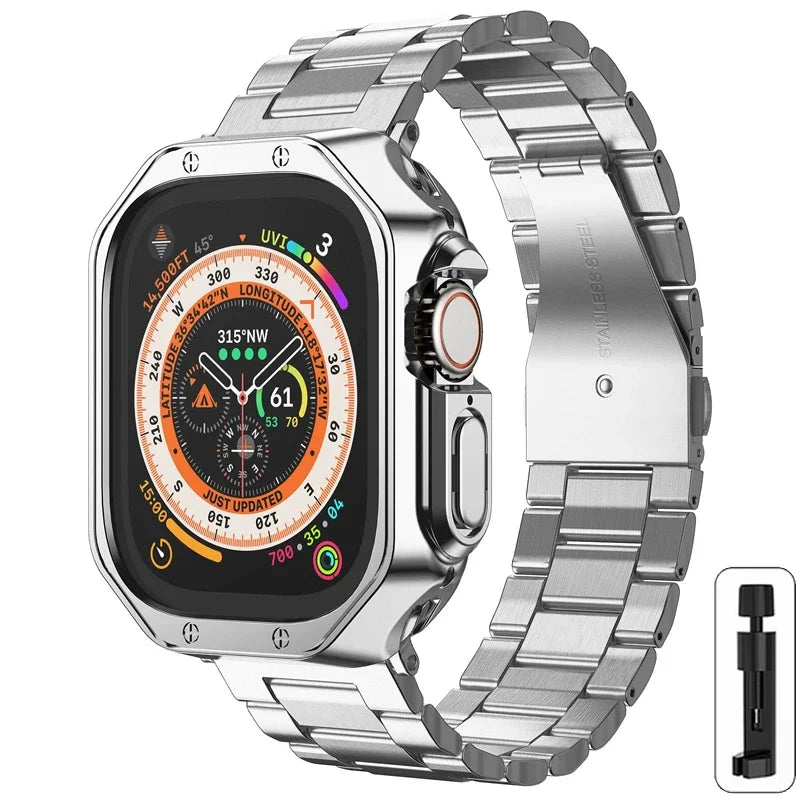 Golden band for Apple Watch Ultra band 49mm 45mm 44mm Stainless Steel band and Armor TPU Case Apple Watch 9 8 7 41mm SE 6 40mm