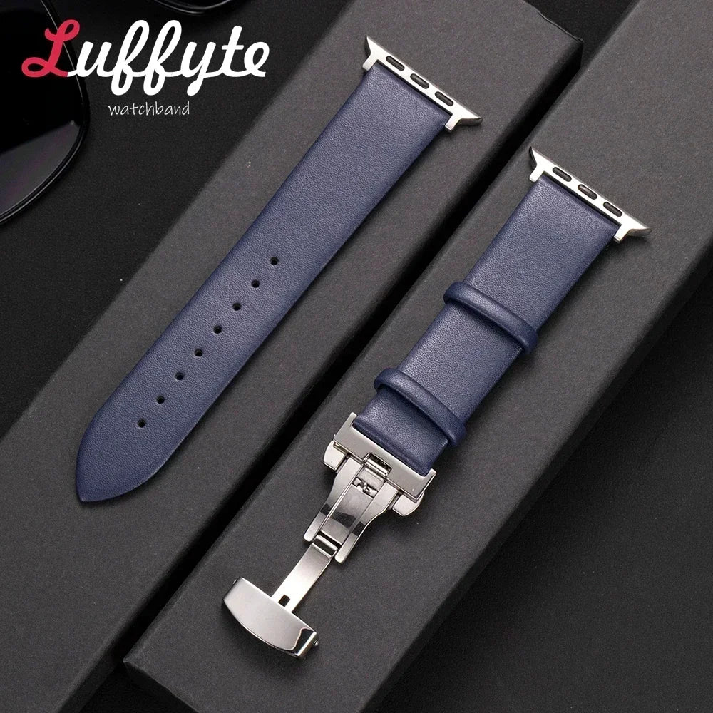 Ultra thin Leather band For Apple Watch 1 10 Ultra SE 2 WristBand with Butterfly Buckle For Apple Watch 38mm 40mm 41mm 42mm 44mm 45mm 46mm 4