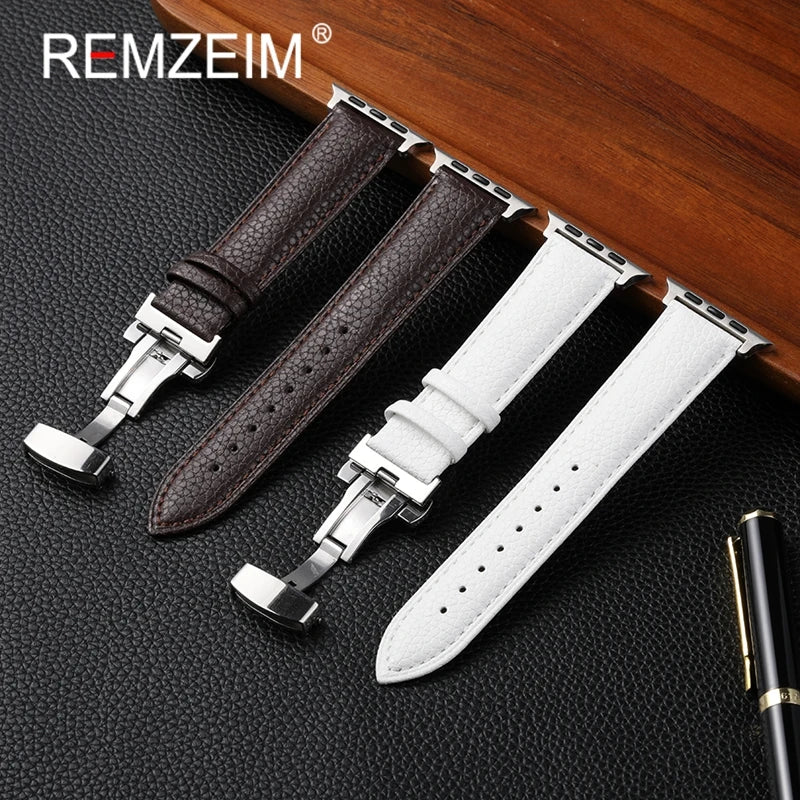 Leather Smartwatch band for Apple Watch 1 10 SE Ultra Butterfly Buckle Replacement band Fits 49mm 46mm 45mm 44mm and 42mm 41mm 40mm 38mm