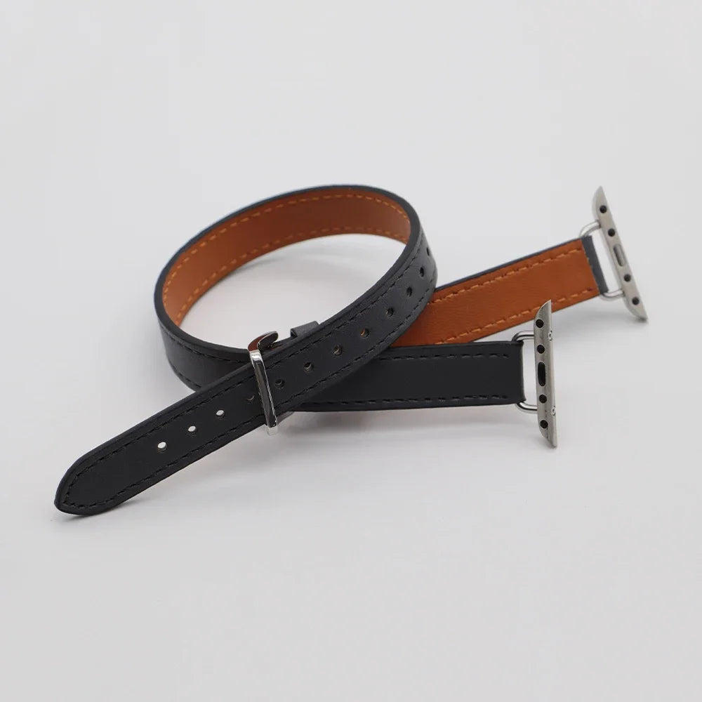 Double loop Slim Leather band for Apple Watch band Ultra 2 49mm Series 10 46mm 41mm 42mm 44mm 45mm band for Apple Watch 9 8 7 6 SE 5 4