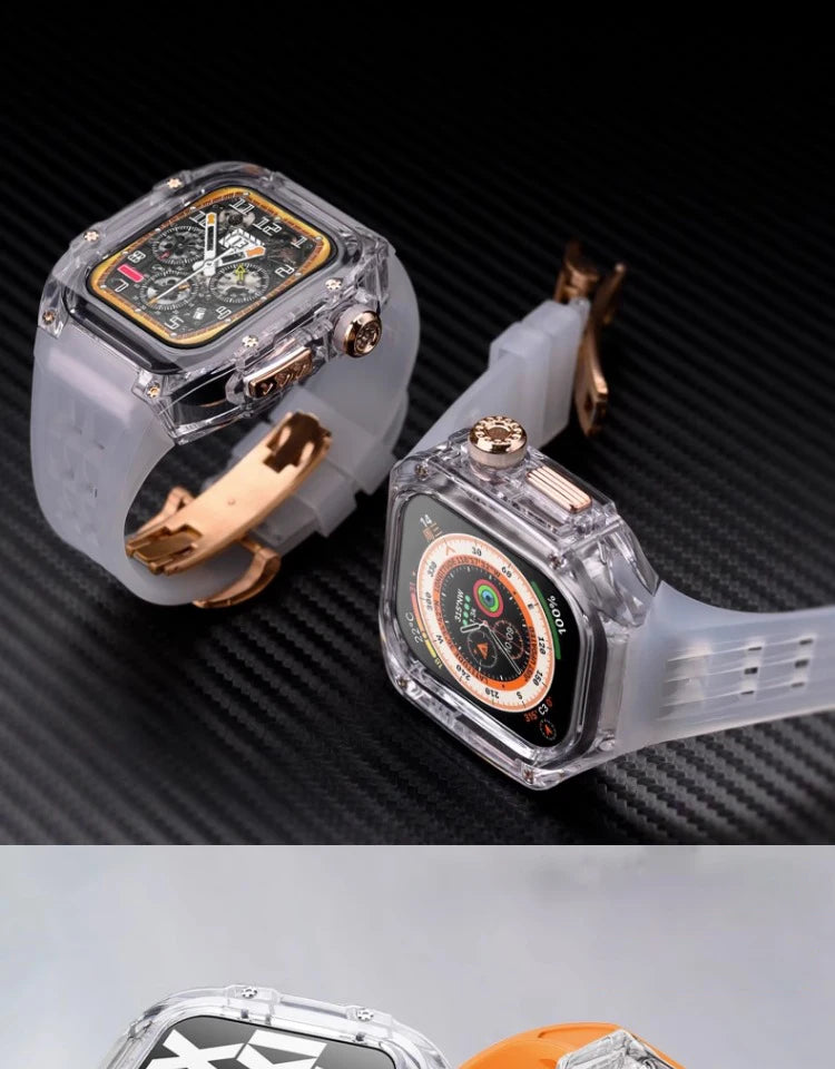 Transparent Luxury Case for Apple Watch Ultra 49mm 45mm 44mm , Stainless Steel Buckle band for Apple Watch 8 7 6 5 4 DIY Modification