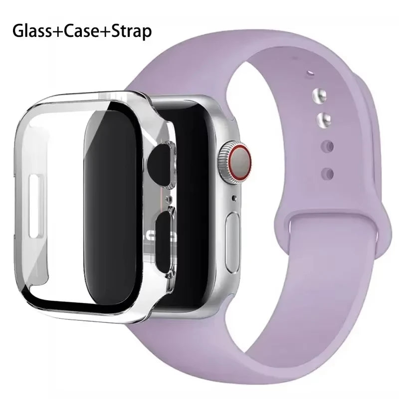 Glass+Case+band For Apple Watch band 41mm 44mm 38mm 42mm 45mm 40mm Silicone band Apple Watch serises 9 8 3 4 5 6 SE 7 watchbands