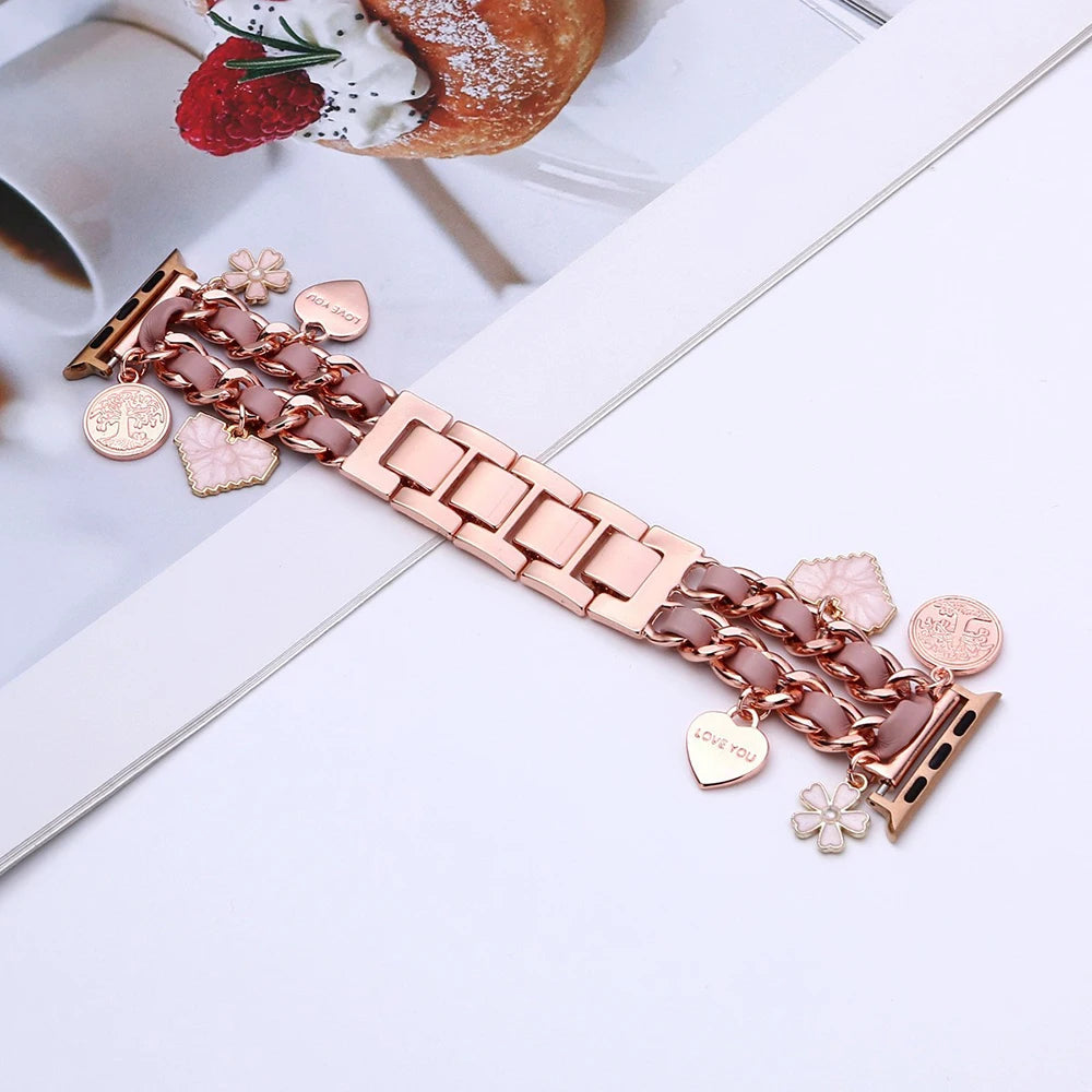 Stylish metal Charms Watch band Compatible with Apple Watch band 38mm 40mm 41mm 42mm 44mm 45mm 49mm Replacement band with Unique Pendants