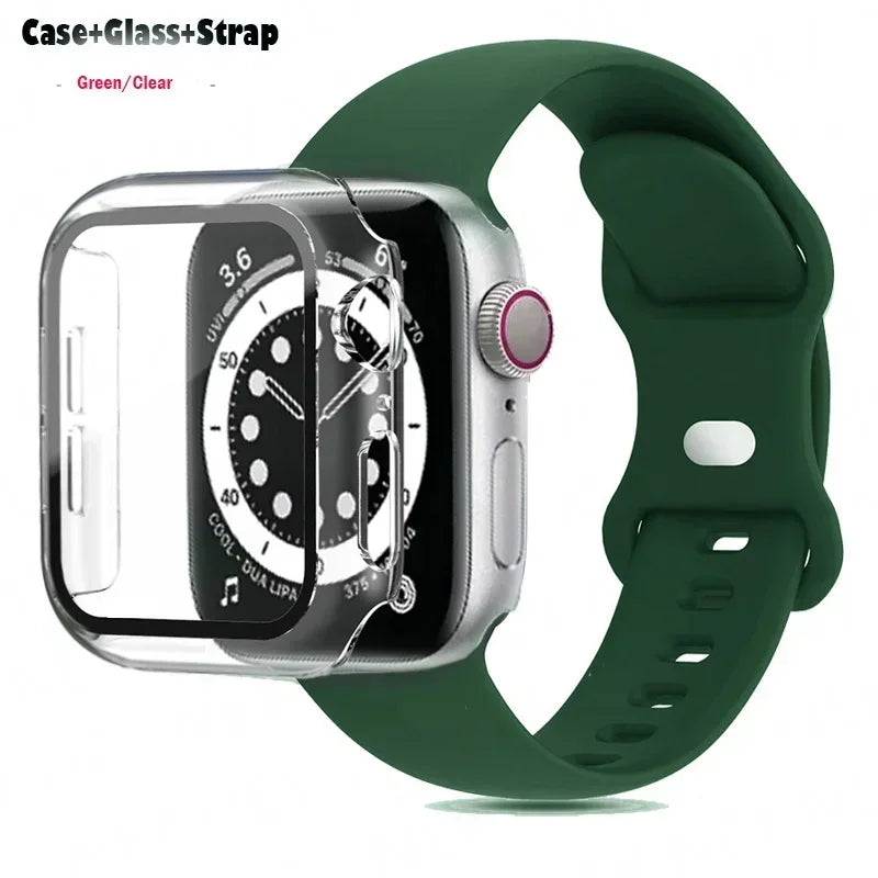 Glass+Case+watchbands For Apple Watch band 44mm 41mm 45mm 40mm 38mm 42mm Silicone band Apple Watch serises 9 8 4 5 6 SE 7 band