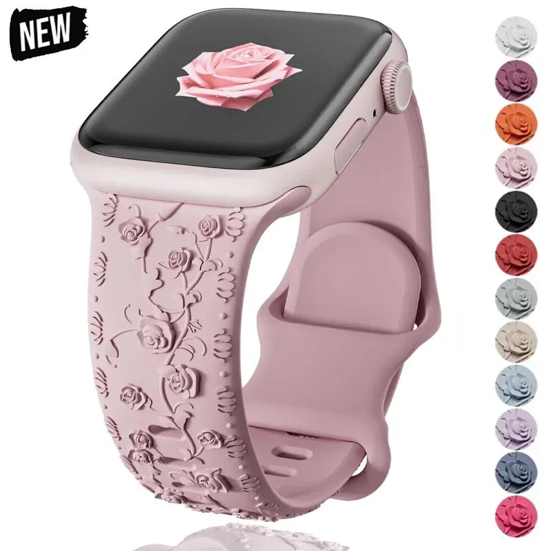 Engraved band for Apple Watch band 46mm 44mm 40mm 49mm 45mm 41mm 42mm Floral Silicone Correas Apple Watch Ultra 2 Series 10 9 8 7 6 SE 5