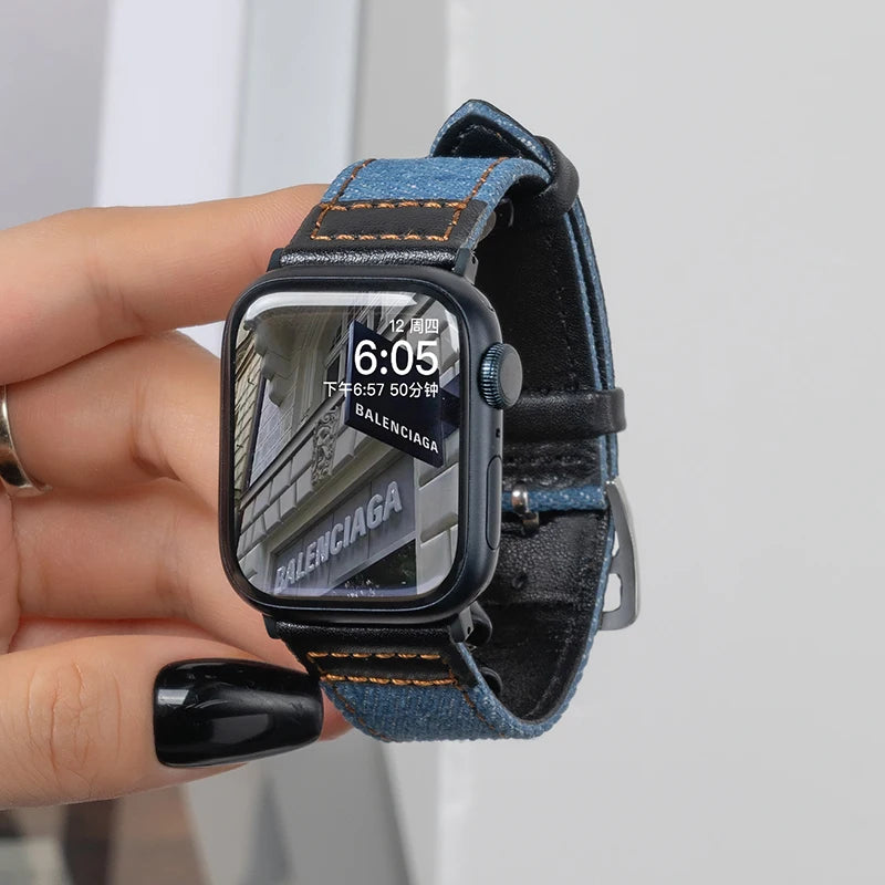 Suitable for Apple Watch band denim leather Apple Watch SE 49mm high quality wristband 40mm 38mm 44mm 41mm 42mm 45mm Ultra9 8 7 6 54 band