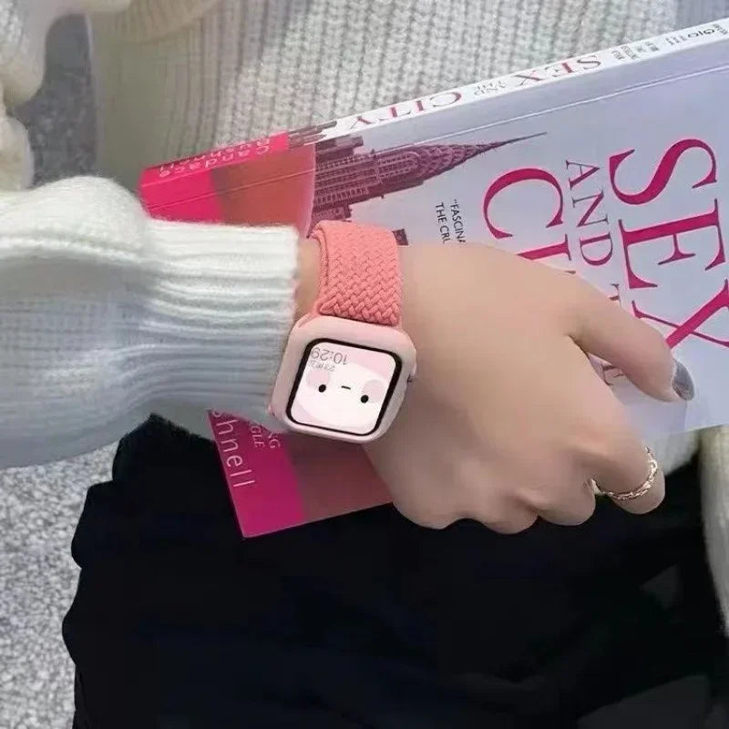 Korean Cute Braied band + Case For Apple Watch band 49mm 46mm 45mm 44mm 38mm 42mm Nylon band For Apple Watch Series 10 9 8 7 6 5 4 3 SE