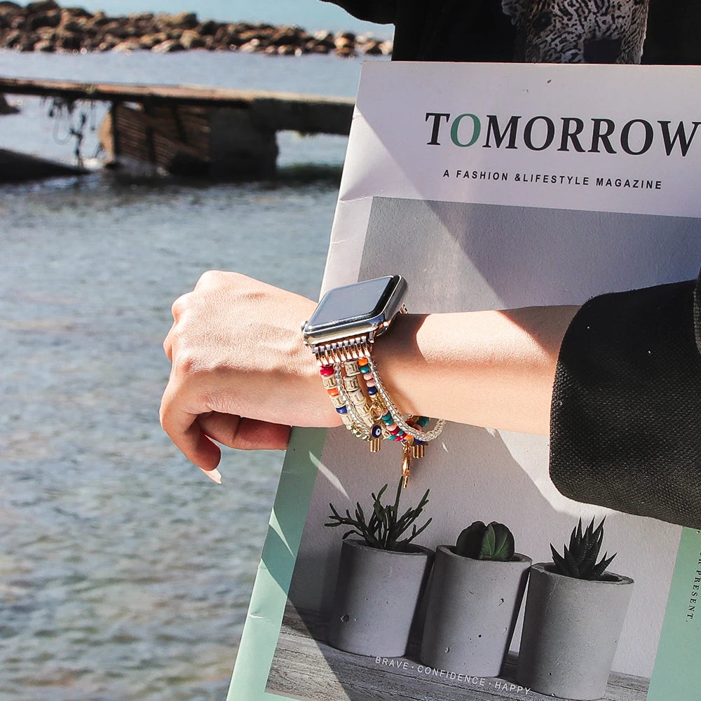 band band For Apple Watch band 49mm Ultra 2 40mm 38mm 41mm Elastic Beaded Pendant band for Apple Watch Series 9 8 7 6 5 4 3 SE