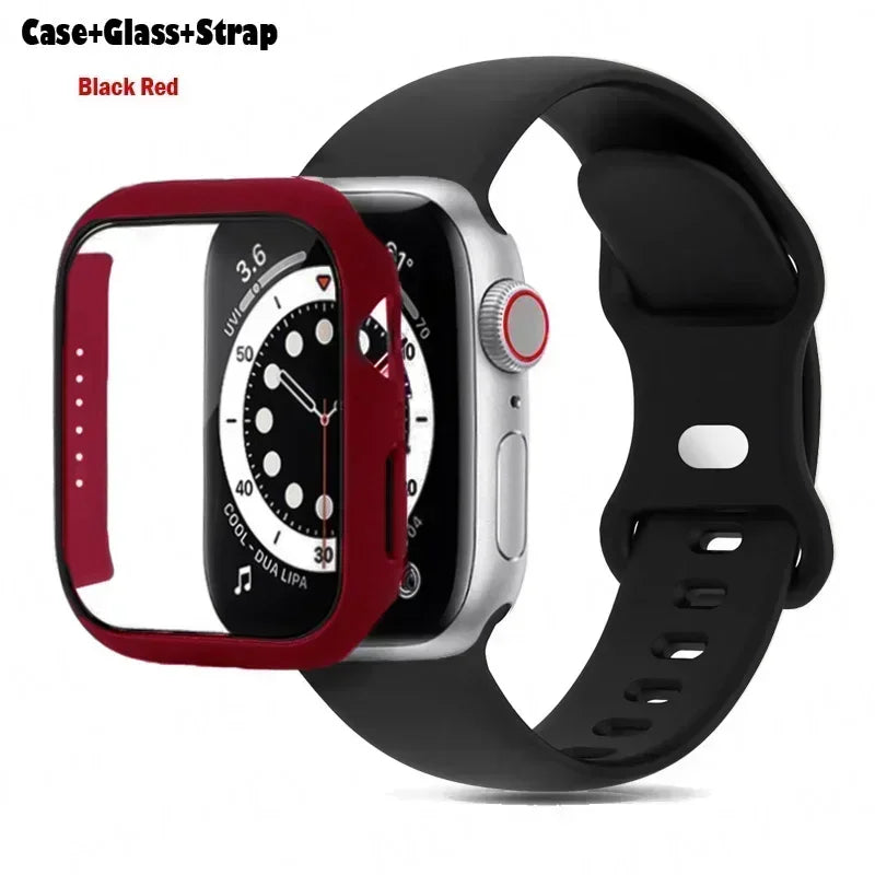 Glass+Case+band For Apple Watch band 41mm 44mm 38mm 42mm 45mm 40mm Silicone band Apple Watch serises 9 8 3 4 5 6 SE 7 watchbands
