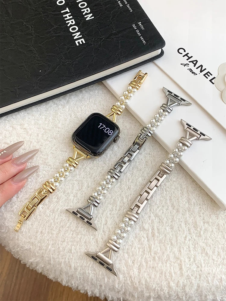 Luxury Pearl band For Apple Watch Ultra 10 9 8 7 6 5 4 Glossy metal band For Apple Watch 40mm 41mm 42mm 44mm 45mm 46mm 49mm
