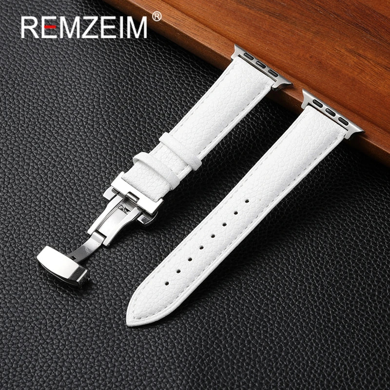 Leather Smartwatch band for Apple Watch 1 10 SE Ultra Butterfly Buckle Replacement band Fits 49mm 46mm 45mm 44mm and 42mm 41mm 40mm 38mm