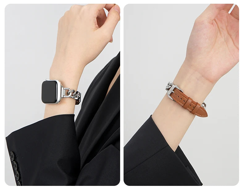 Leather band for Apple Watch 10 band 46mm 42mm 44mm 40mm 41mm 45mm Women Stainless Steel band Apple Watch Series 9 8 SE 7 6 Belt