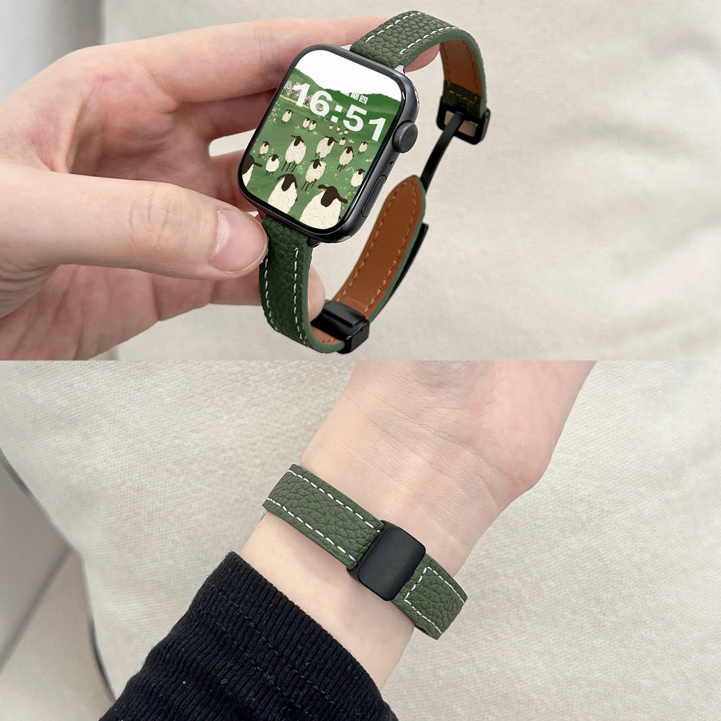 Folding Slim Leather Magnetic watch band For Apple Watch 10 11 42mm 46mm SE 44mm 40mm 9 8 7 41mm 45mm band 6 5 4 band For Apple Watch