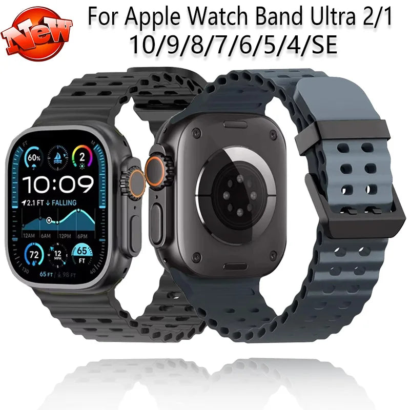 Metal Buckle+Ocean Silicone band For Apple Watch Ultra 3 2 1 49mm band wristband Apple Watch 11 10 46mm 9 8 7 45mm 6 5 SE 44mm