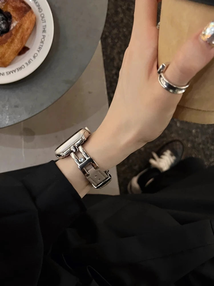 Luxury Leather band For Apple Watch Ultra 10 9 8 7 6 SE 5 4 Slim metal band For Apple Watch 38mm 40mm 42mm 44mm 45mm 46mm 49mm