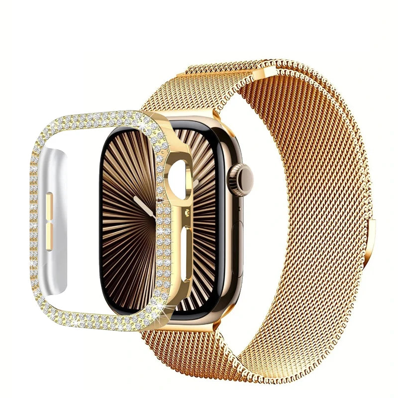 Diamond Case+Milanese band For Apple Watch band Ultra 2 band For Apple Watch 10 9 8 7 46mm 42mm 45mm 44mm 40mm 41mm Series 6 5 4
