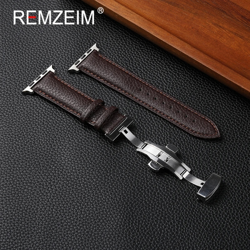 Leather Smartwatch band for Apple Watch 1 10 SE Ultra Butterfly Buckle Replacement band Fits 49mm 46mm 45mm 44mm and 42mm 41mm 40mm 38mm