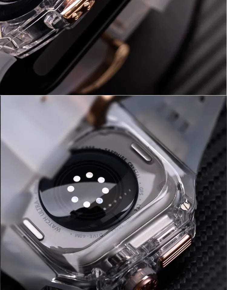 Transparent Luxury Case for Apple Watch Ultra 49mm 45mm 44mm , Stainless Steel Buckle band for Apple Watch 8 7 6 5 4 DIY Modification