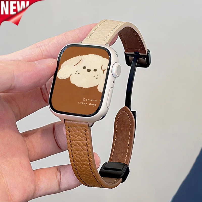Magnetic Buckle band For Apple Watch 10 42mm 46mm SE 44mm 40mm 9 8 7 41mm 45mm Folding Slim Leather band Apple Watch Series 10 8 7 6 5