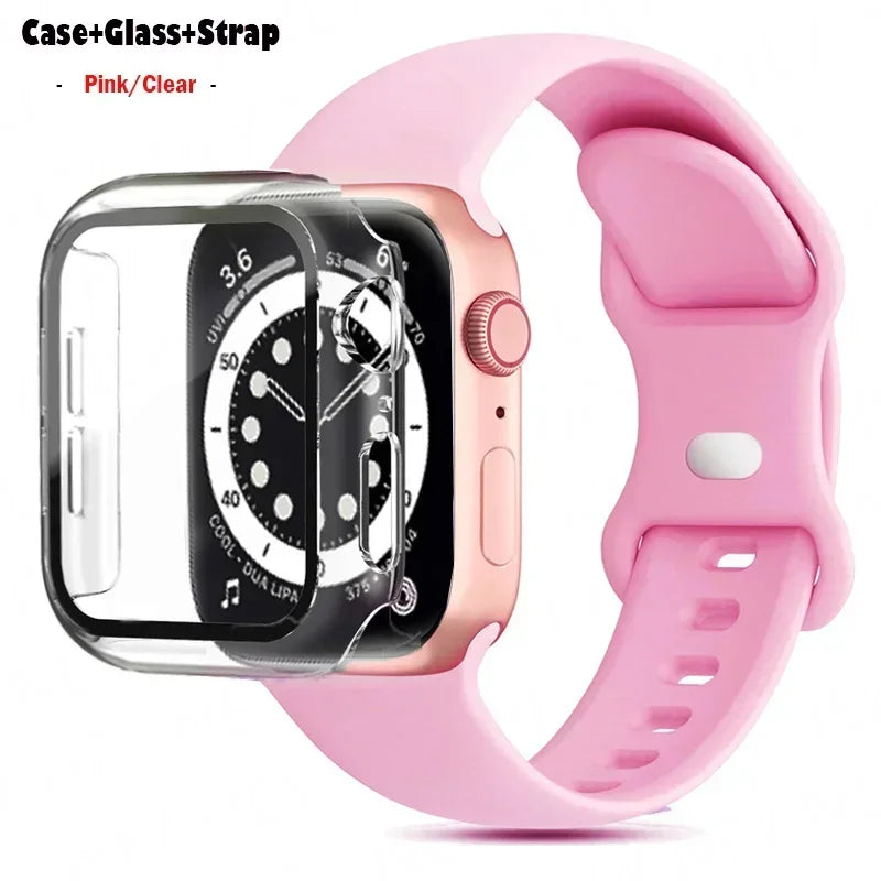 Glass+Case+watchbands For Apple Watch band 44mm 41mm 45mm 40mm 38mm 42mm Silicone band Apple Watch serises 9 8 4 5 6 SE 7 band