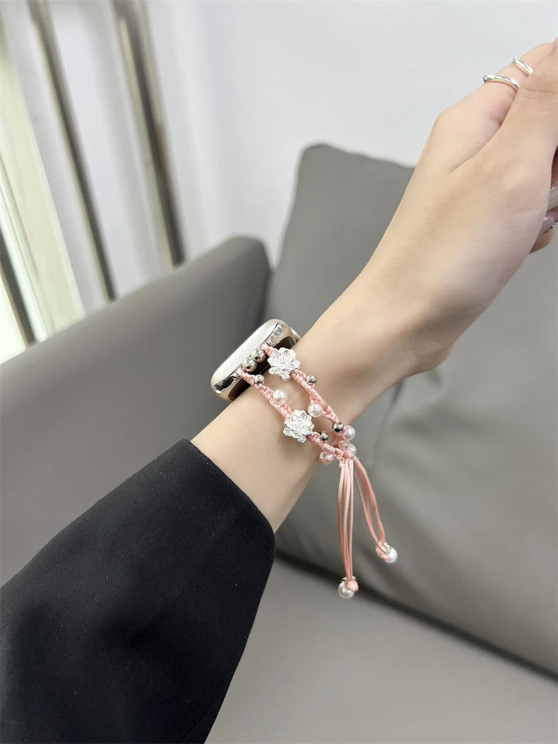 Ins Pearl Flowers band For Apple Watch Series 9 8 7 6 SE 4 5 45mm 44mm 42mm Woven Nylon band Apple Watch Ultra 2 49mm 40mm 38mm Woman
