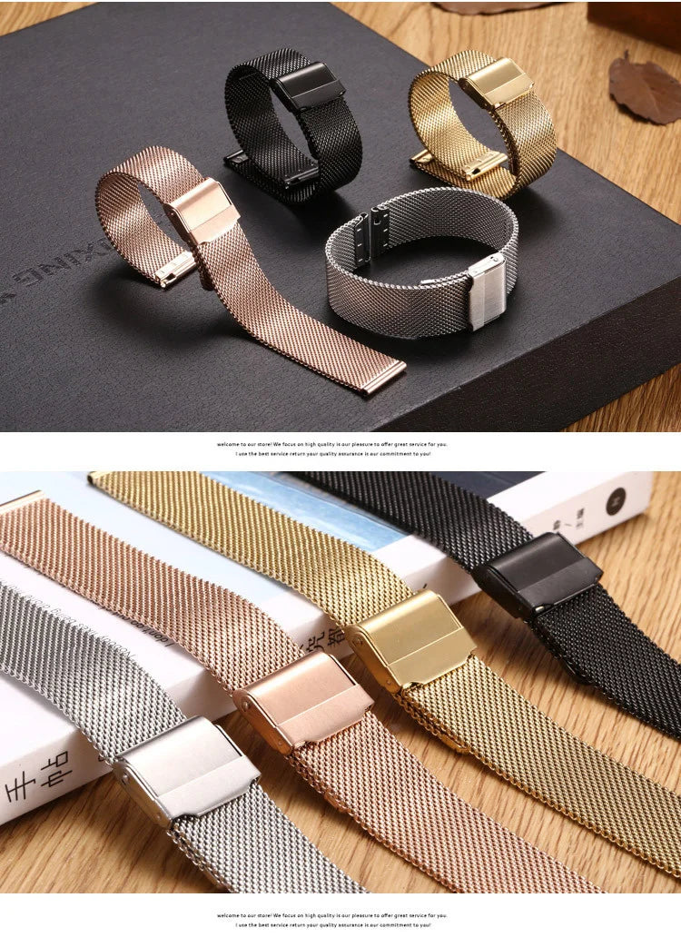 8mm 10mm 12mm 14mm 15mm 16mm 20mm 24mm Stainless Steel Watch Strap Straight End Bracelet Mesh Buckle Milanese Loop Band
