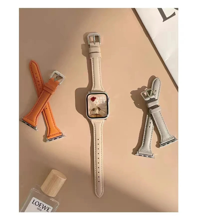 Slim Leather band for Apple Watch band 44mm 45mm 41mm 40mm 38mm wrist women band Apple Watch serie 9 8 7 6 5 4 3 SE Ultra 2 49mm