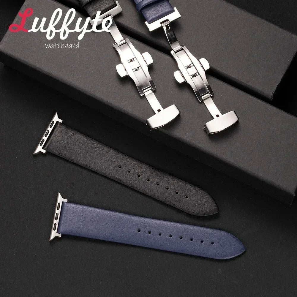 Ultra thin Leather band For Apple Watch 1 10 Ultra SE 2 WristBand with Butterfly Buckle For Apple Watch 38mm 40mm 41mm 42mm 44mm 45mm 46mm 4