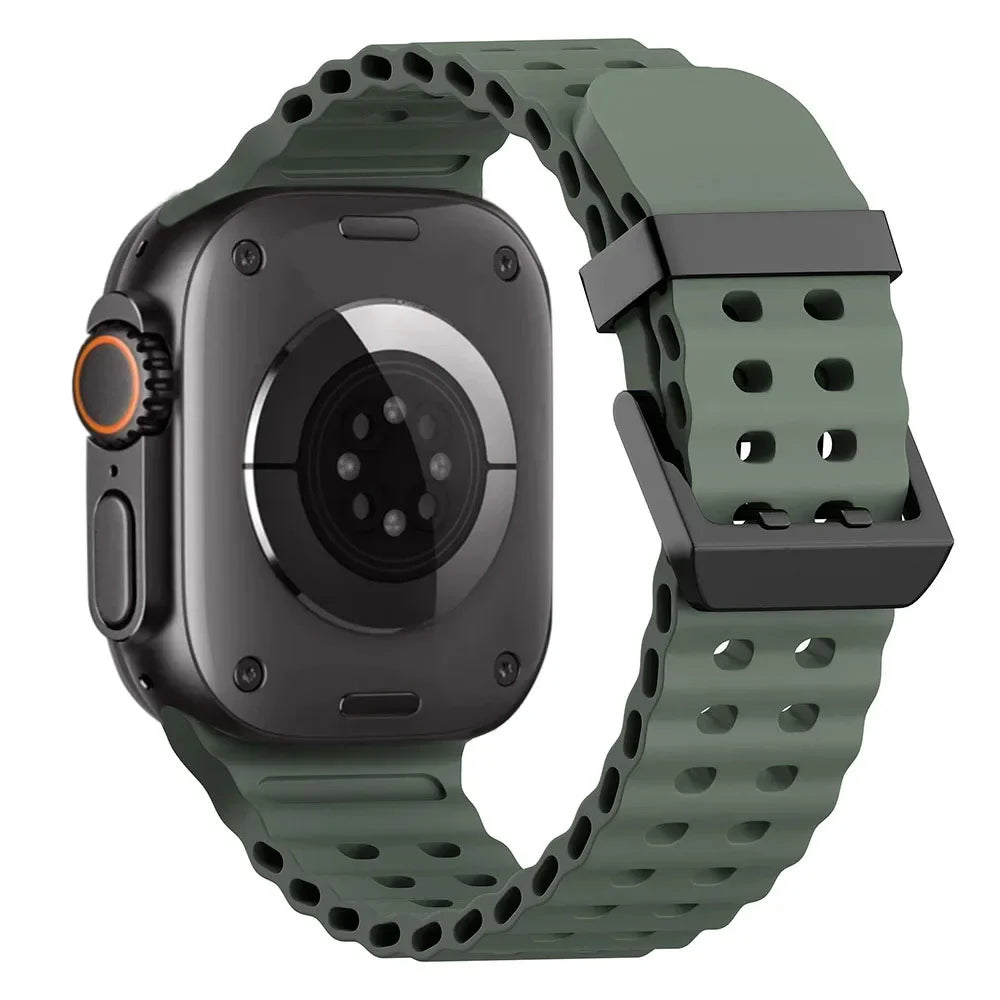 Metal Buckle+Ocean Silicone band For Apple Watch Ultra 3 2 1 49mm band wristband Apple Watch 11 10 46mm 9 8 7 45mm 6 5 SE 44mm