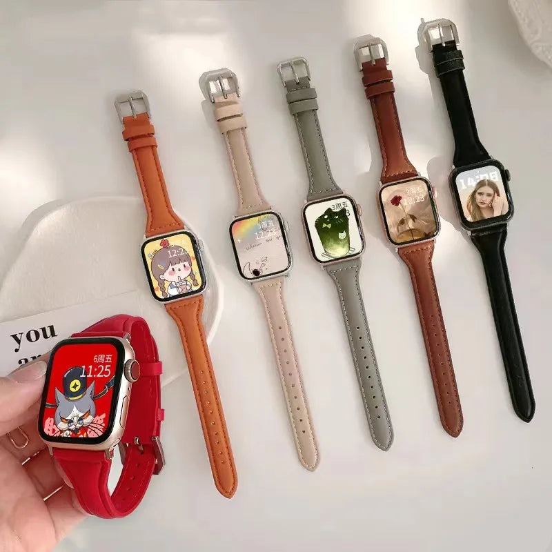 Slim Leather band for Apple Watch band 44mm 45mm 41mm 40mm 38mm wrist women band Apple Watch serie 9 8 7 6 5 4 3 SE Ultra 2 49mm