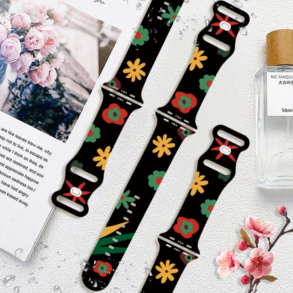 Silicone band for Apple Watch 10 9 8 7 SE Flowers Printed band Replaceable band for Apple Watch 44mm 42mm 41mm 40mm Watchband