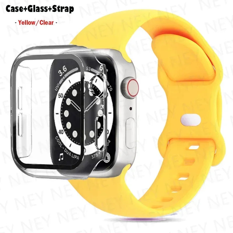Glass+Case+watchbands For Apple Watch band 44mm 41mm 45mm 40mm 38mm 42mm Silicone band Apple Watch serises 9 8 4 5 6 SE 7 band