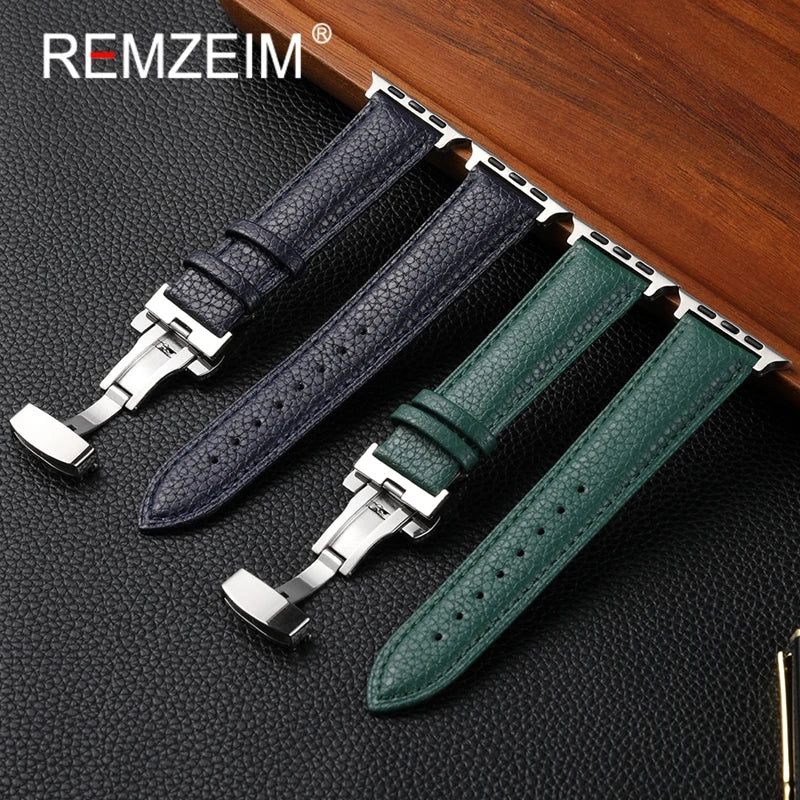 Leather Smartwatch band for Apple Watch 1 10 SE Ultra Butterfly Buckle Replacement band Fits 49mm 46mm 45mm 44mm and 42mm 41mm 40mm 38mm