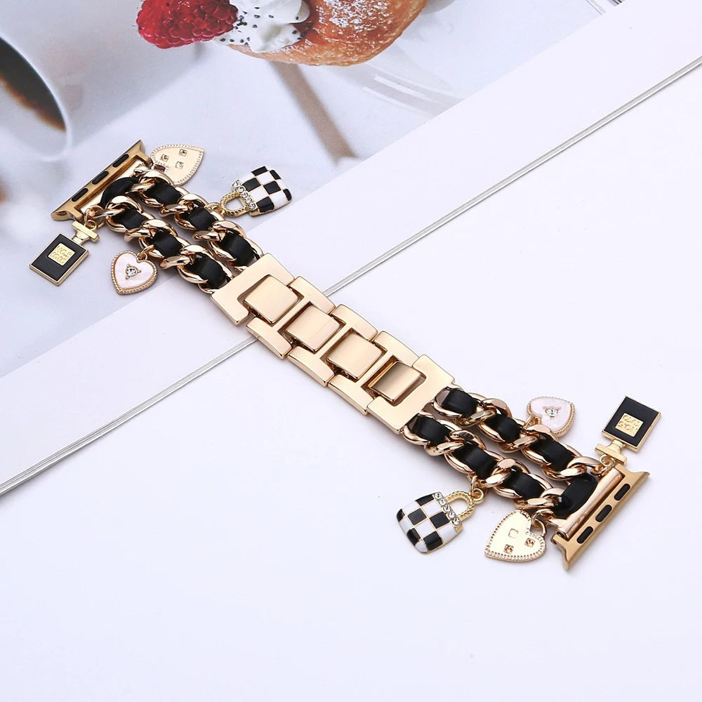 Stylish metal Charms Watch band Compatible with Apple Watch band 38mm 40mm 41mm 42mm 44mm 45mm 49mm Replacement band with Unique Pendants