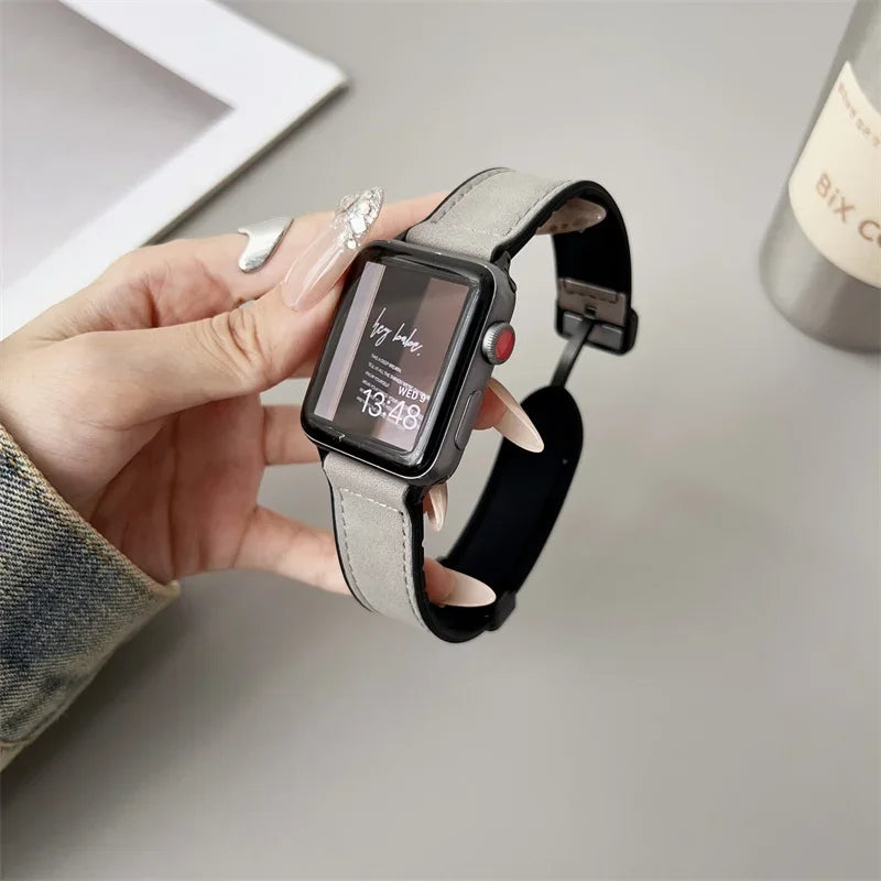 band For Apple Watch 11 46mm 42mm 44mm 40mm 41mm 45mm Magnetic Buckle Crazy Horse Leather+Silicone band serie 10 9 8 7 6 se Ultra 3 2