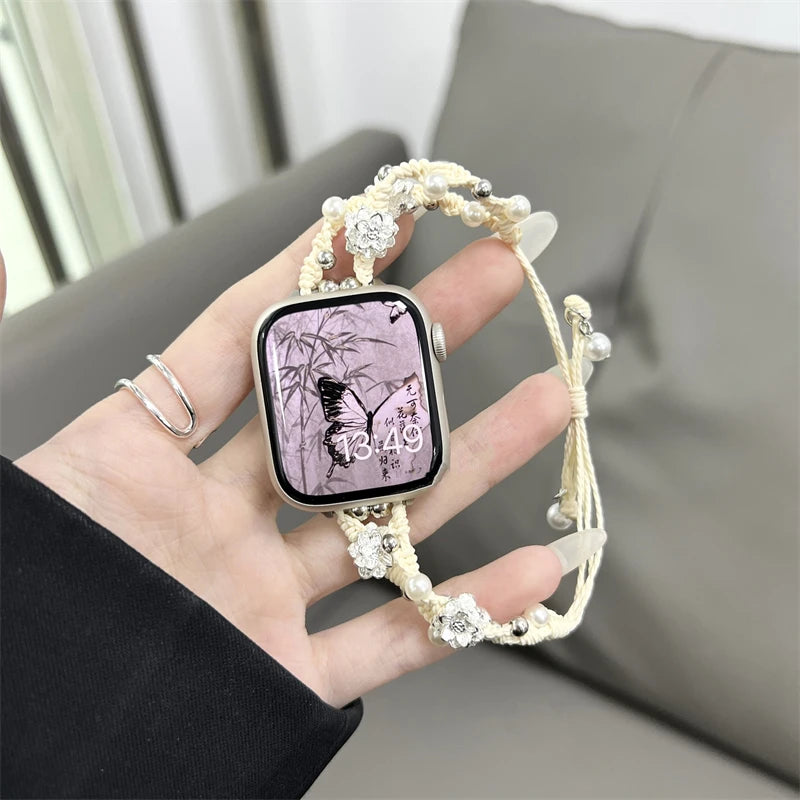 Ins Pearl Flowers band For Apple Watch Series 9 8 7 6 SE 4 5 45mm 44mm 42mm Woven Nylon band Apple Watch Ultra 2 49mm 40mm 38mm Woman