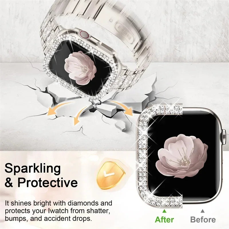 Diamond case+band For Apple Watch band 45mm 40mm 44mm 41mm 38mm 42mm 44mm metal Belt Apple Watch Series 9 8 7 SE 6 5 Women band