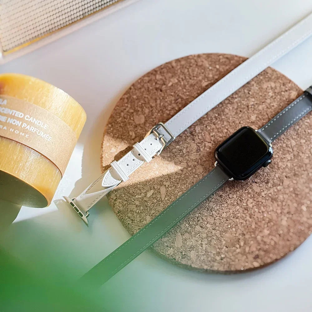 Double loop Slim Leather band for Apple Watch band Ultra 2 49mm Series 10 46mm 41mm 42mm 44mm 45mm band for Apple Watch 9 8 7 6 SE 5 4