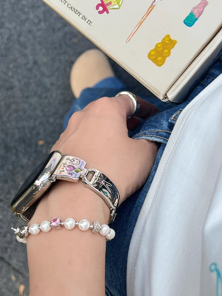 Cute Cat Glossy metal band For Apple Watch Ultra 10 9 8 7 42mm 45mm 46mm 49mm Diamond band For Apple Watch 38mm 41mm 6 5 SE 4