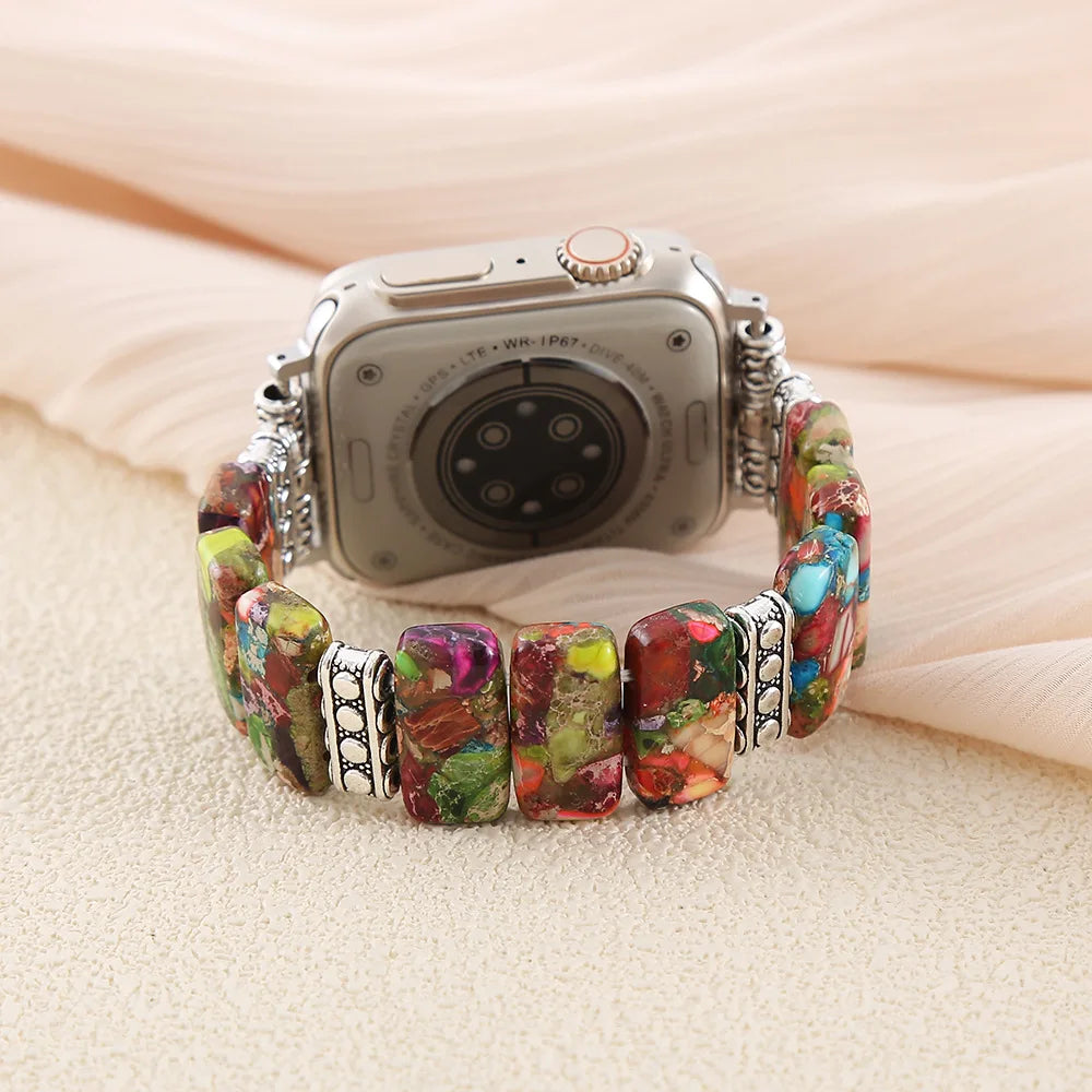 Beaded Natural Stone band Women Compatible For Apple Watch band Series Handmade Elastic Watch band Accessories