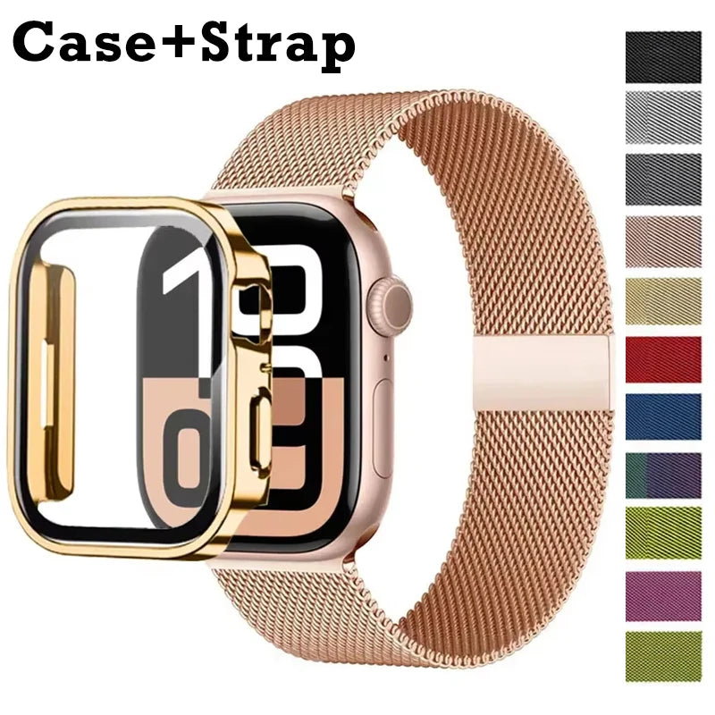 Milanese Loop band For Apple Watch Ultra 49mm band 44mm 40mm 41mm 45mm Gold Silver Leopard band +Case Apple Watch 9 8 7 6 5 4 3 SE