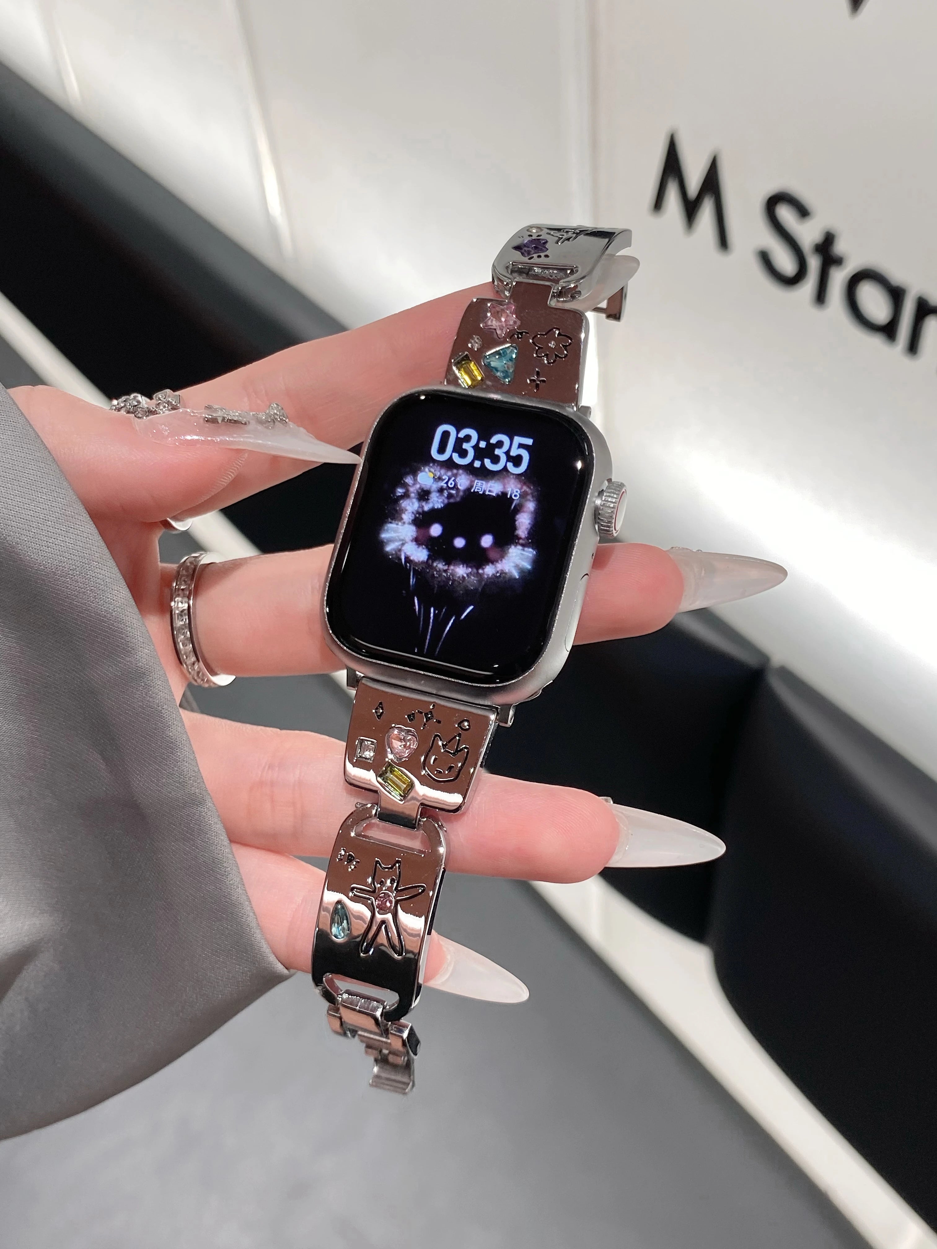 Cute Cat Glossy metal band For Apple Watch Ultra 10 9 8 7 42mm 45mm 46mm 49mm Diamond band For Apple Watch 38mm 41mm 6 5 SE 4