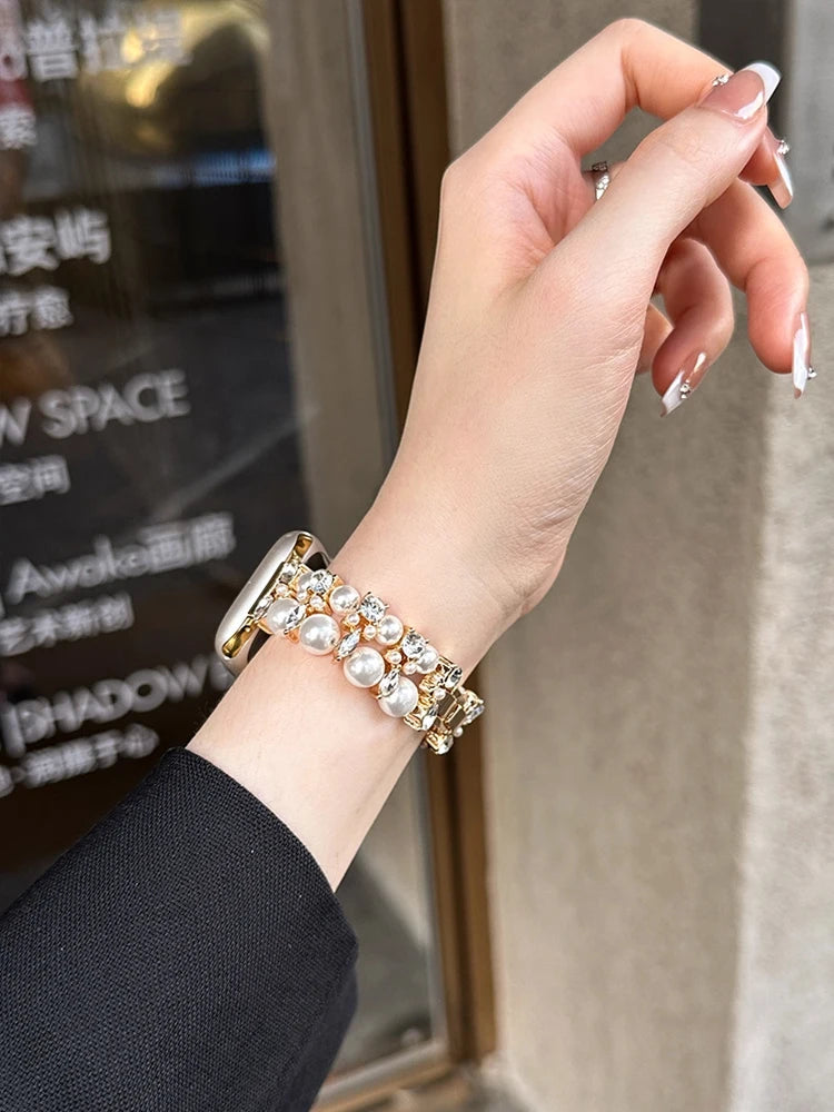 Luxury Diamond band For Apple Watch Ultra 10 9 8 7 6 5 4 Woman Pearl band For Apple Watch 38mm 40mm 41mm 42mm 45mm 46mm 49mm