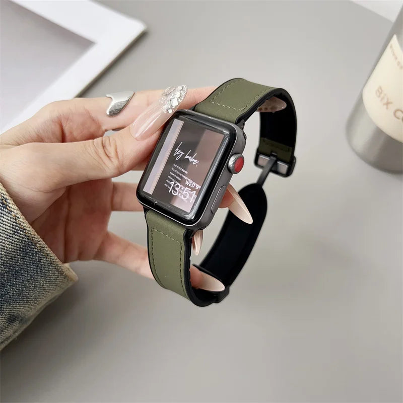 band For Apple Watch 11 46mm 42mm 44mm 40mm 41mm 45mm Magnetic Buckle Crazy Horse Leather+Silicone band serie 10 9 8 7 6 se Ultra 3 2